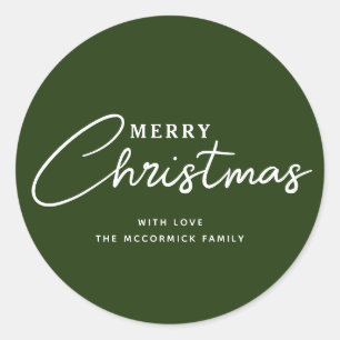 Modern Green Merry Christmas Script Custom Classic Round Sticker