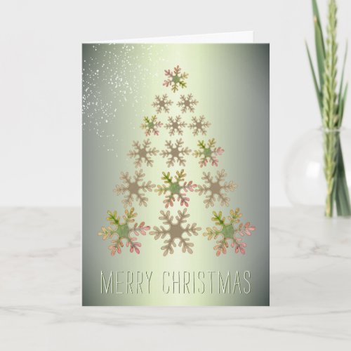 Modern Green Metallic Christmas Tree Snowflake Holiday Card