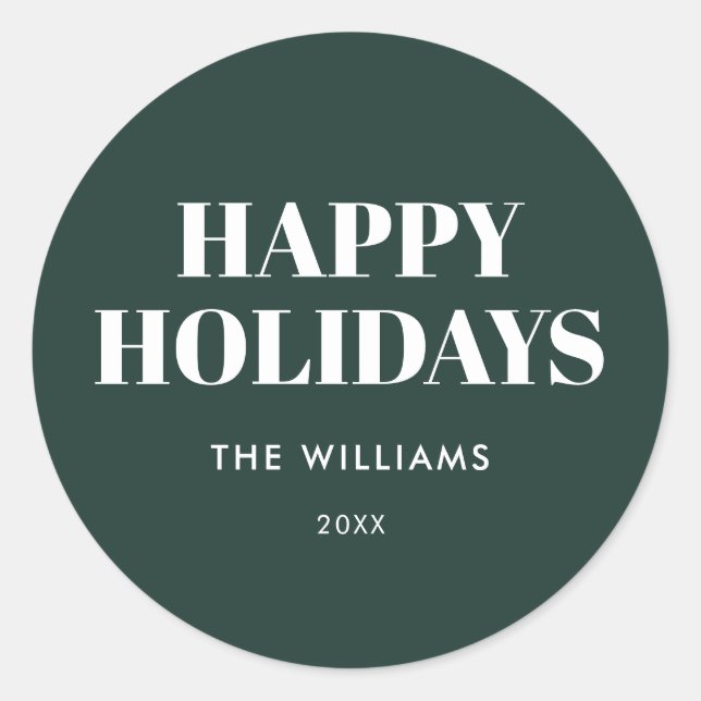 Modern Green Minimalist Happy Holidays Classic Round Sticker (Front)