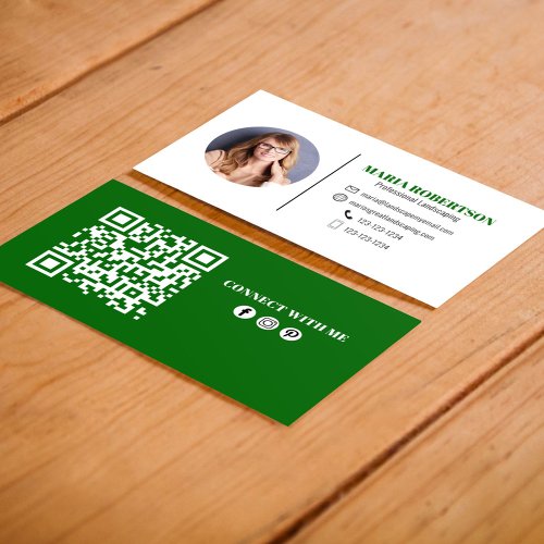 Modern Green Minimalist QR Code Social Media  Business Card