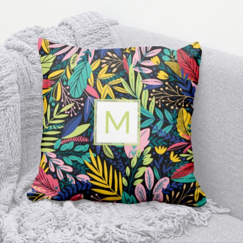 Modern Green Monogram Bright Leaves Line Art Throw Pillow