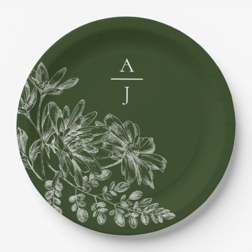 Modern Green Monogram Floral Paper Plate