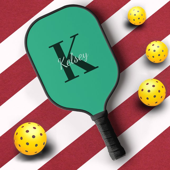 Modern Green Monogram Initial + Name Pickleball Paddle (Creator Uploaded)