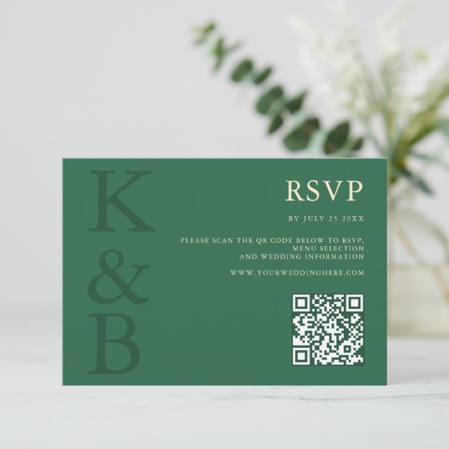 Modern Green Monogram Minimalist Wedding RSVP Card (Standing Front)