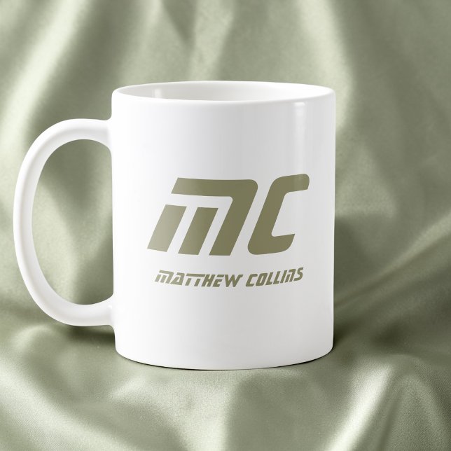 Modern Green Monogram Name Minimal Text Men's Coffee Mug (Modern Green Monogram Name Minimal Text Men's Coffee Mug)