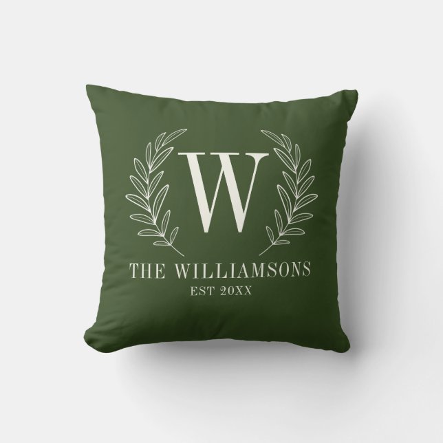 Modern Green Monogram Name Throw Pillow (Front)