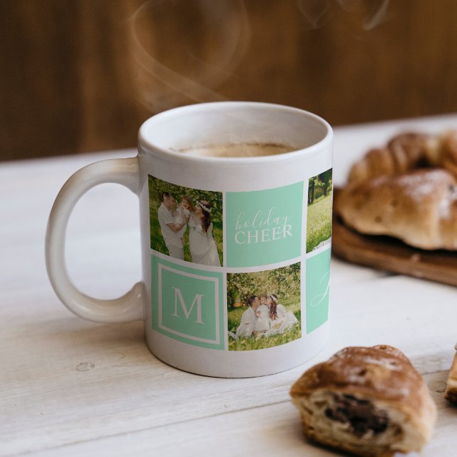 Modern Green Monogram Photo Collage Christmas Coffee Mug (Holiday Cheer photo collage with monogram with fun mint green.  Great holiday photo gift.)