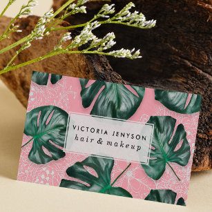 Modern green monstera leaf on pink white floral business card