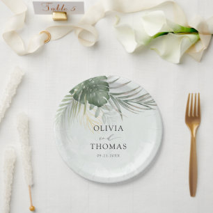 Modern Green Monstera Tropical Wedding Paper Plates