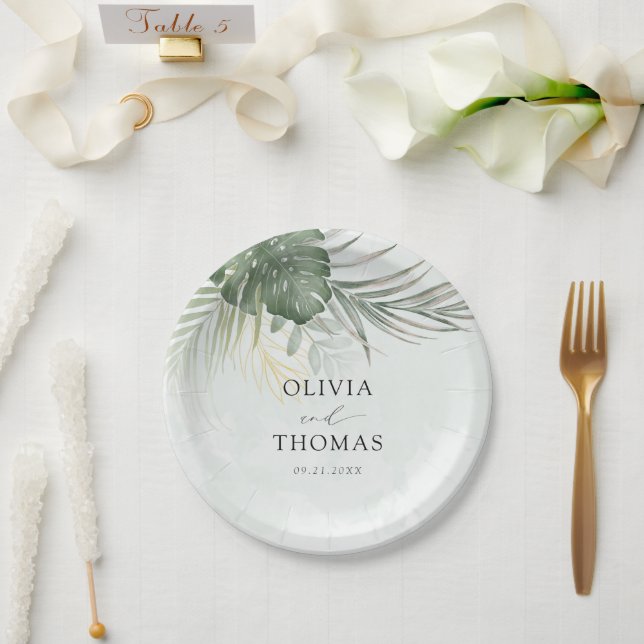 Modern Green Monstera Tropical Wedding Paper Plates (Wedding)