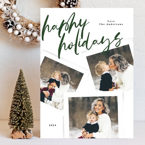 modern green multi photo collage brush happy holiday card