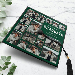 Modern Green Multi-Photo Graduation Cap Topper