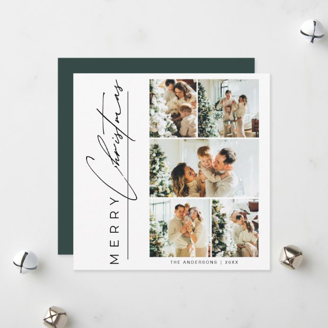Modern Green Multi Photo Merry Christmas Script Holiday Card (Front/Back In Situ)