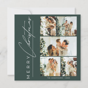 Modern Green Multi Photo Merry Christmas Script Holiday Card