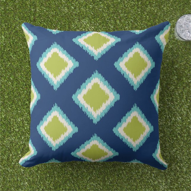 Modern Green Navy Blue Diamond Ikat Pattern Outdoor Pillow (Grass)