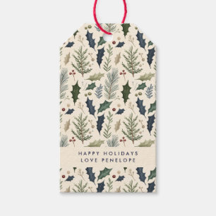 Modern Green & Navy Pine Leaves & Holly Holiday Gift Tags