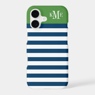 Modern Green Navy Stripes Custom Monogram iPhone 17 Case