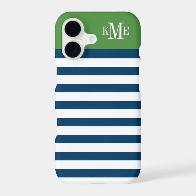 Modern Green Navy Stripes Custom Monogram Case-Mate iPhone Case (Back)