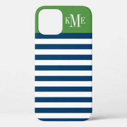 Modern Green Navy Stripes Custom Monogram iPhone 12 Case