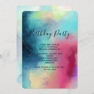 Modern Green Nebula Watercolor Abstract Birthday Invitation