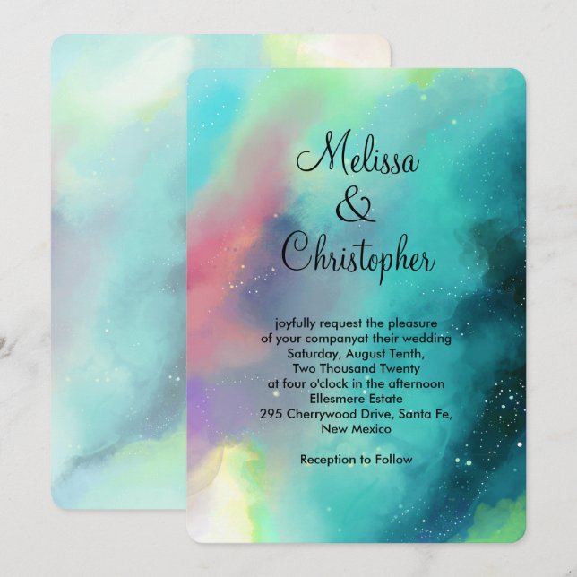 Modern Green Nebula Watercolor Abstract Wedding Invitation (Front/Back)