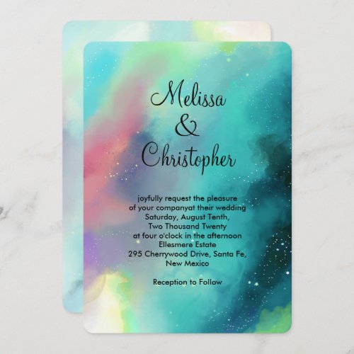 Modern Green Nebula Watercolor Abstract Wedding Invitation