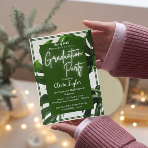 Modern Green Neon Tropical Palm Graduation Party Invitation