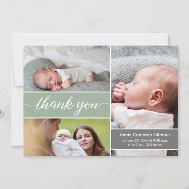 Modern Green Newborn photos Name Baby Shower  Thank You Card (Front)