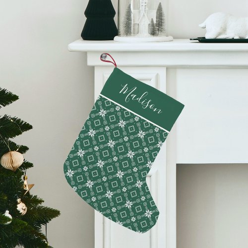 Modern Green Nordic Snowflake Personalized Small Christmas Stocking