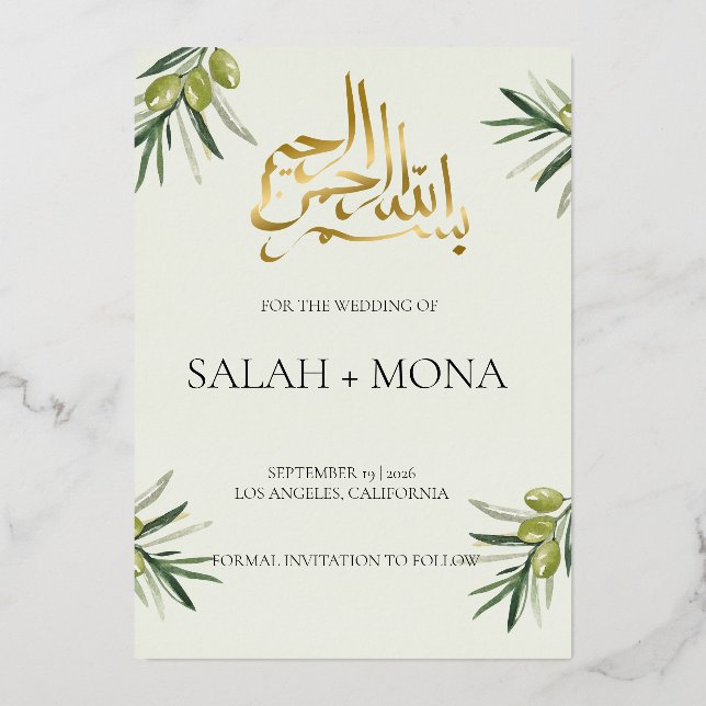 Modern Green Olive Branch Islamic Muslim Wedding Foil Invitation (Front)