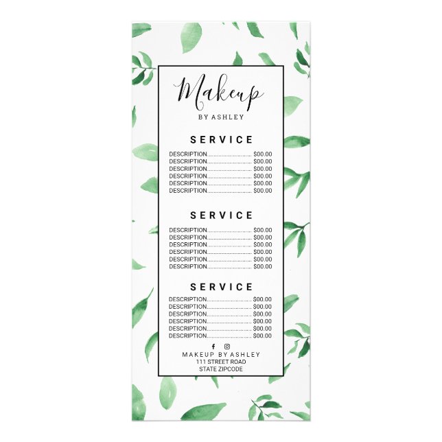 Modern green olive branch leaf botanical pattern rack card (Front)