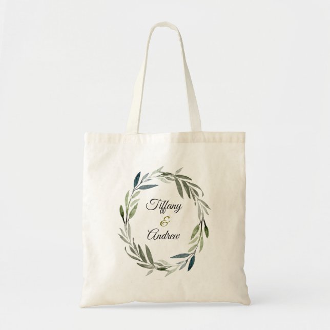 Modern Green Olive Leaf Wreath Wedding Gift Favor Tote Bag (Front)
