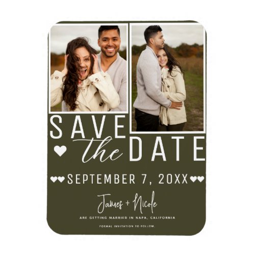 Modern Green Olive Save the Date 2 Photo Wedding  Magnet
