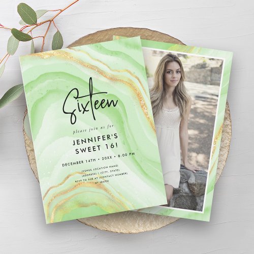 Modern Green Ombre Marble Photo Sweet 16   Invitation