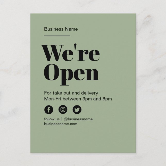 Modern Green Open For Business Take Out Delivery Announcement Postcard (Front)