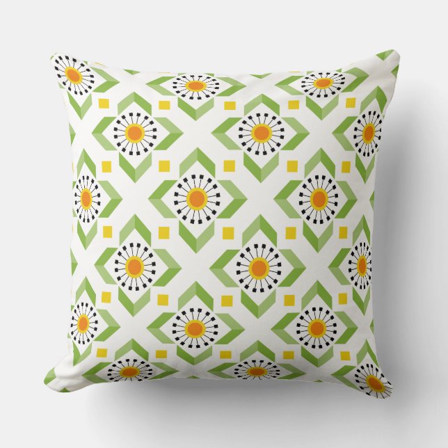 Modern Green Orange Dandelion and Diamond Pattern Throw Pillow (Front)