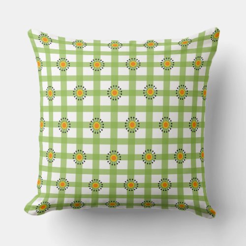 Modern Green Orange Dandelion and Plaid Pattern Throw Pillow
