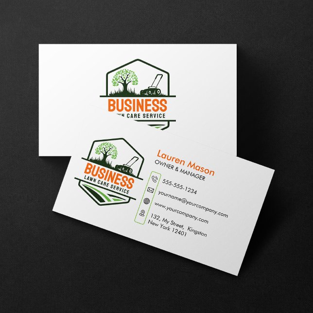Modern Green Orange LawnCare Service Mow Landscape Business Card (Creator Uploaded)