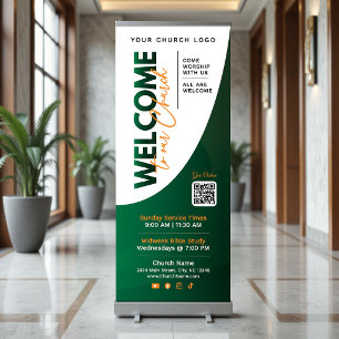 Modern Green & Orange Welcome To Our Church Retractable Banner