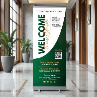 Modern Green & Orange Welcome To Our Church Retractable Banner