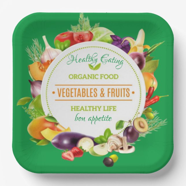 Modern Green Organic Healthy Eating  Paper Plates (Front)
