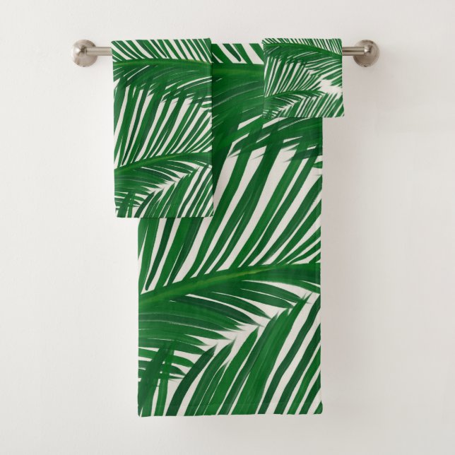 Modern Green Palm Leaf Tropical Pattern Bath Towel Set (Insitu)