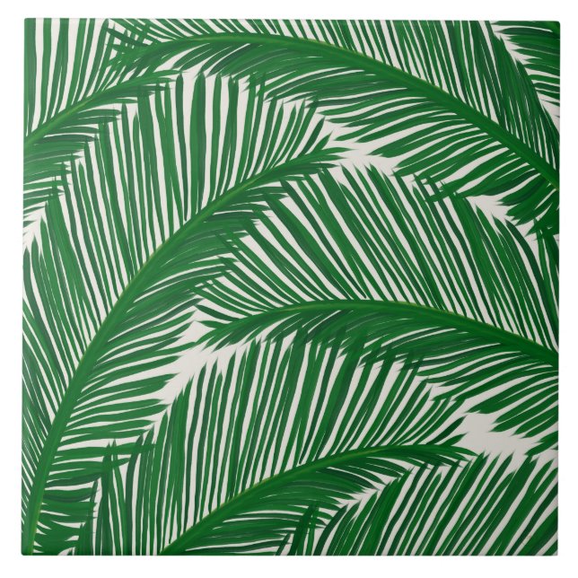 Modern Green Palm Leaf Tropical Pattern Ceramic Tile (Front)