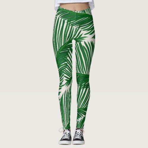 Modern Green Palm Leaf Tropical Pattern Leggings