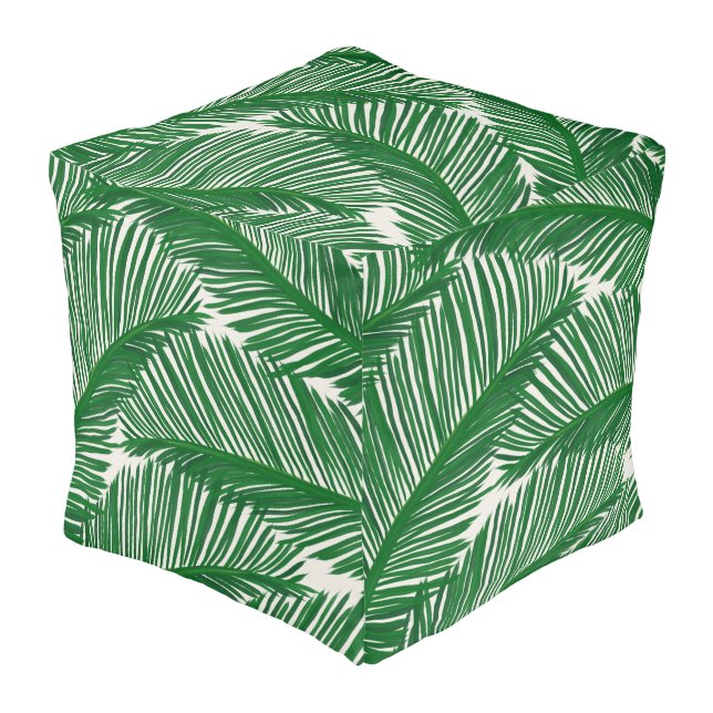 Modern Green Palm Leaf Tropical Pattern Pouf (Angled Front)