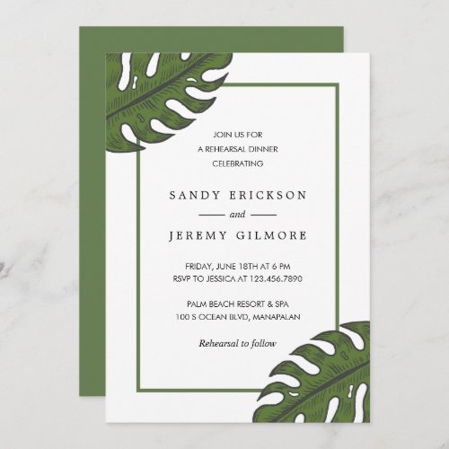 Modern Green Palm Leaf Tropical Rehearsal Dinner Invitation