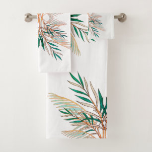 Modern Green Palm Leaves Beach Bathroom Bath Towel Set