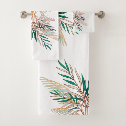Modern Green Palm Leaves Beach Bathroom  Bath Towel Set