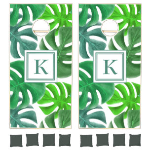 Modern Green Palm Leaves Monogram Cornhole Set