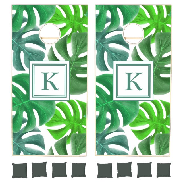 Modern Green Palm Leaves Monogram Cornhole Set (Set)